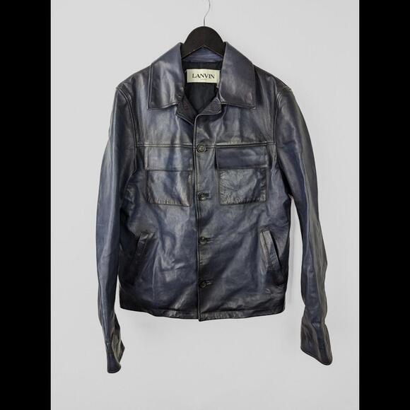 2022 LANVIN Men's Sz IT 48 US 38 M Blue Hand Patina Leather Jacket